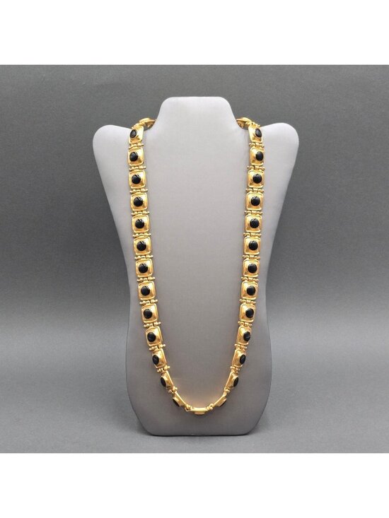 Estate Jewelry - Victorian Revival Book Chain Statement Necklace 30" Gold Tone Black Glass